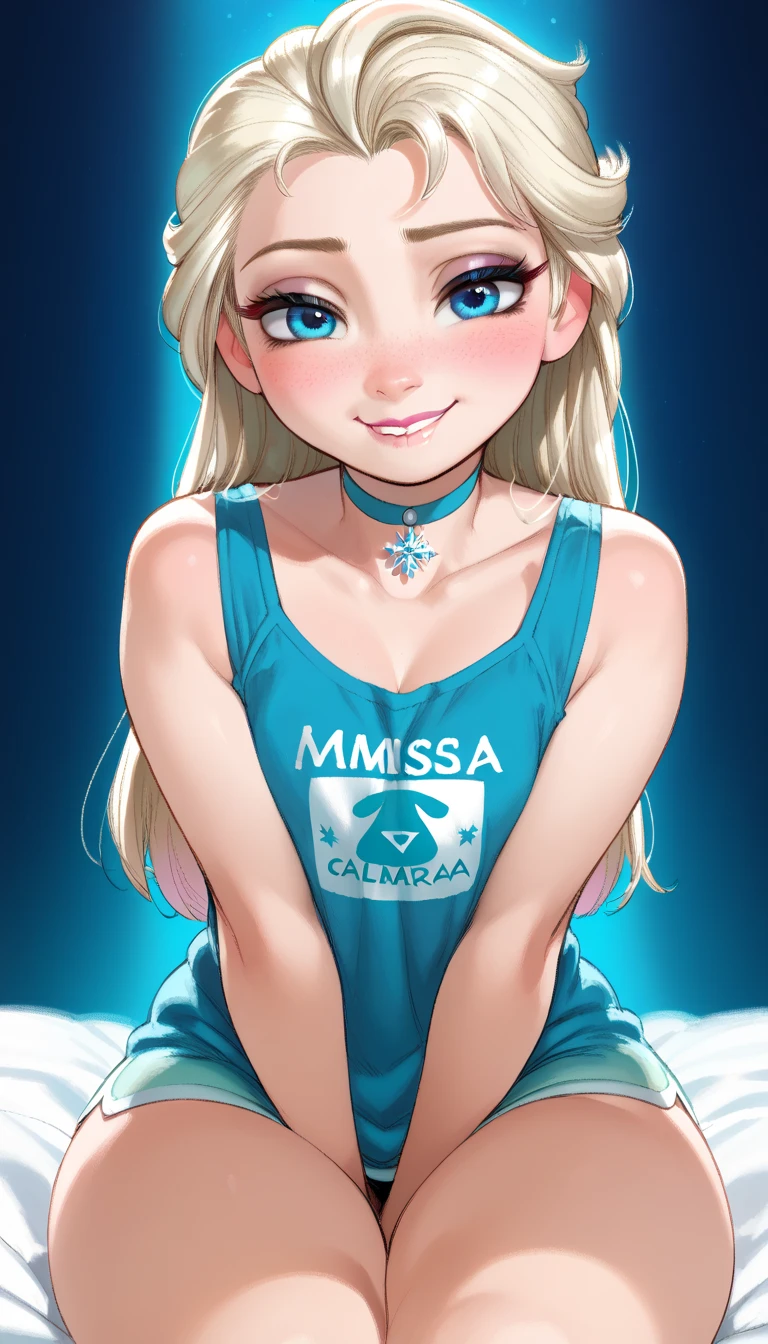 1 girl, Elsa(frozen)  bright blue eyes, pale skin,  choker, ((camisa azul clara oversized)), thick thighs exposed , lip bite,  looking at you, Tilt her body ,Blush, smile,  half-closed eyes ,vibrant color, sexy, hentai , Cartoon style, colorful