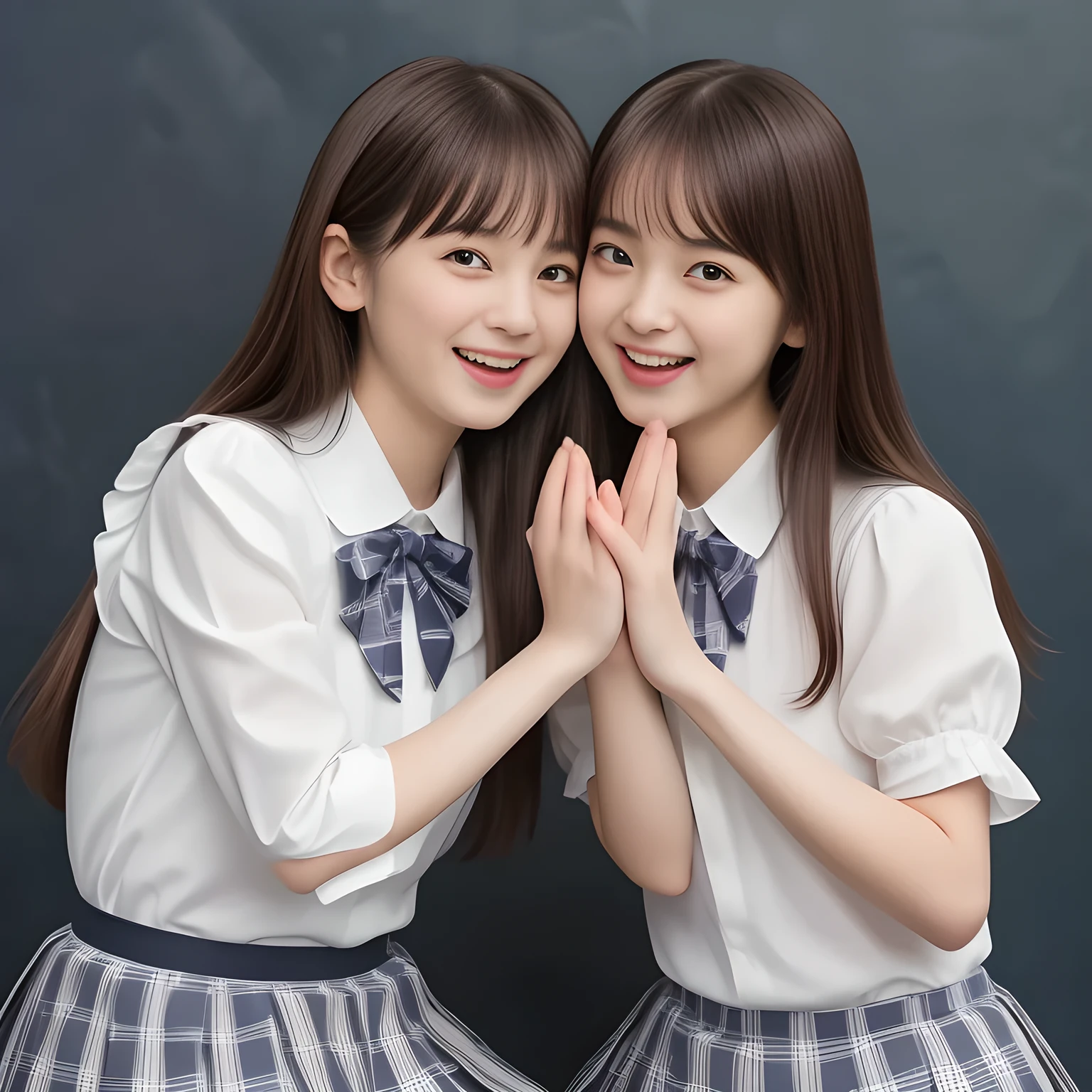 (Highest quality, masterpiece:1.2), Highest quality, High resolution, 1080P, 8k, height: 158cm, (Two yo Japanese beautiful girl idols are seated and kissing on hands together, facing each other, cute skirt with beautiful knees, looking at the viewer, can't stop showing cute smile open mouth because of feeling too funny about the viewer, very white-white face, very proud of her long straight black hair, using face-whitening cosmetics, 13irl's prominent eyes, opened laughing giggling most open mouth, too expensive luxurious glossy too-much-girly erotic frilled ivory silk blouse, woolen navy-checkered large-box-pleats school-skirt and bewitching ribbon on the breast, well-straitened super-super-long well-trimmed long hair, evenly neatly trimmed girly cute bangs: 1.5), (white thighs and knees: 1.7), (Well-balanced, impressive, lovely, drooping, double-eyelids, black shining large prominent eyes of 13yo il with detailed: 1.5), ((Beautiful well-figured glossy opened laughing lips: 1.2)), (mature breast), (Girl whom everyone loves because of her beauty and beautiful eyes and lovely fashion and noble manner), (Very beautiful, super-glossy, cute neat black amazingly long hair, straight well-done long hair-style: 1.3), (plain blue background: 1.6), (Best style like a 14yo fason model, mature breast), (((Completely balanced beautiful big big eyes, looking at me))), (eyes, face and hair are especially beautifully detailed and beautifully drawn: 1.5), (Satisfactory best shot by professional famous photographer for school girl's beauty: 1.5), (The soft white light clearly shows her face extremely white: 1.2), (Feel too luxurious and expensive, girly frilled), (School uniform, A cute slender 13yo Japanese idol, Super long hair 13yo super-beautiful super-cute 13yo idol of pure pure girls photo magazine in Japan are laughing and licking the other's hand each other with super-wide open open mouth as if eating huge cake: 2.0)