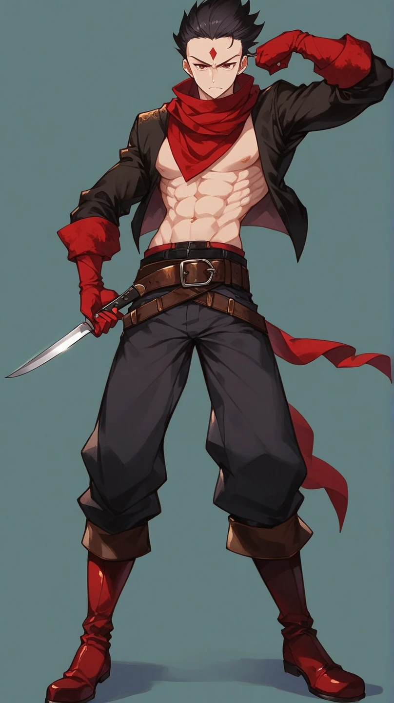 A boy .black hair.Red bandana(forehead protector).Red Long Sleeve Vest with Red Scarf .Fur Shoulder Fur Collar . Black Long Sleeve Jacket.( Exposes 6 Abdominal Muscles)Bare chest and abdomen. without a top . Glove Armor . Heavy Belt . Knee Length Pants (Bow ). Red Leather Boots .Holding a knife.Bandit. Robber Style .Cool Pose. Background is Forest.whole body