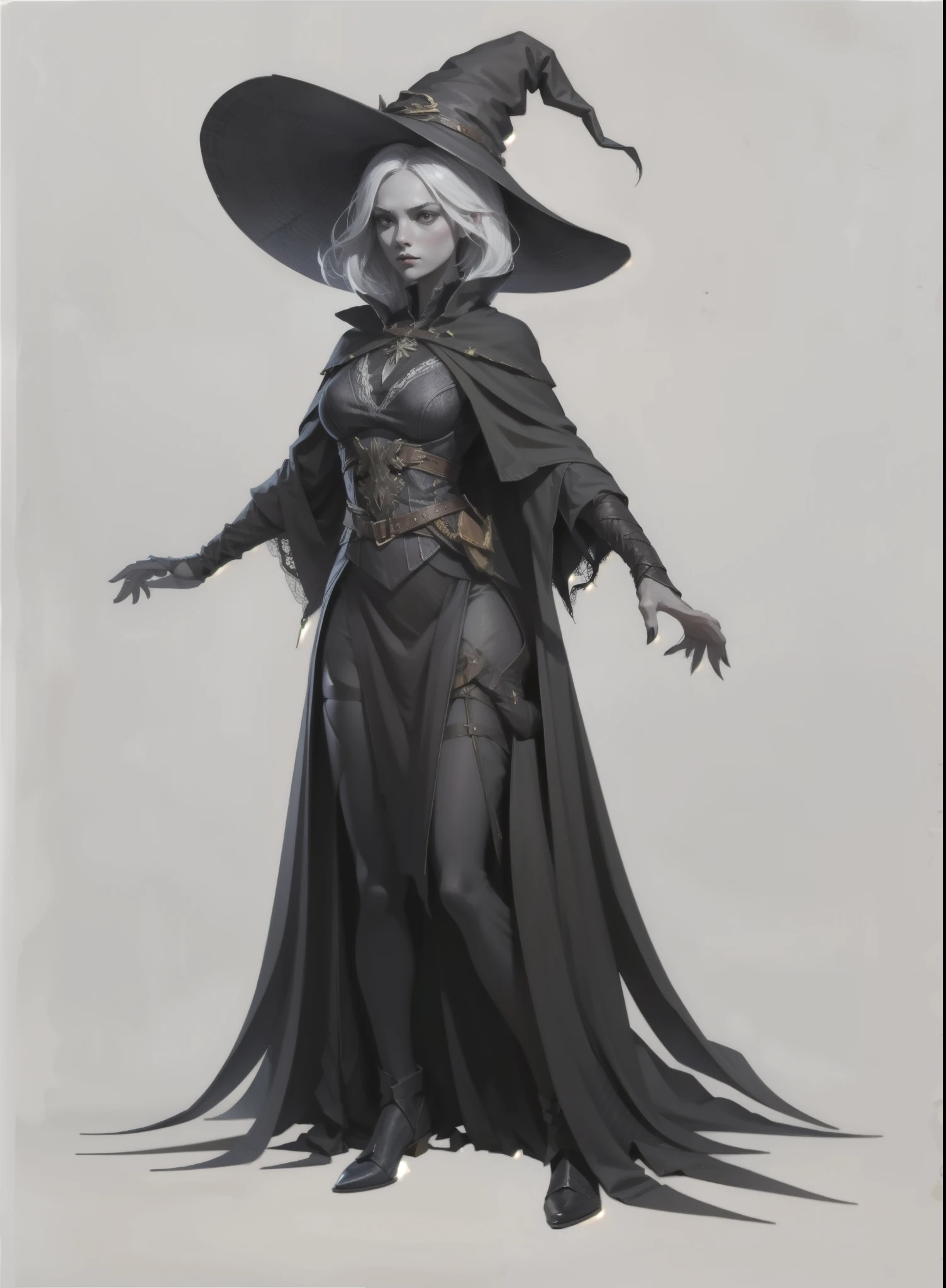  RPG character ,  I want a character with a white background, png, A witch, sexy,  black clothes,  witch hat and distracted posture ,  long white hair and slender body , very beautiful and attractive, But barely .