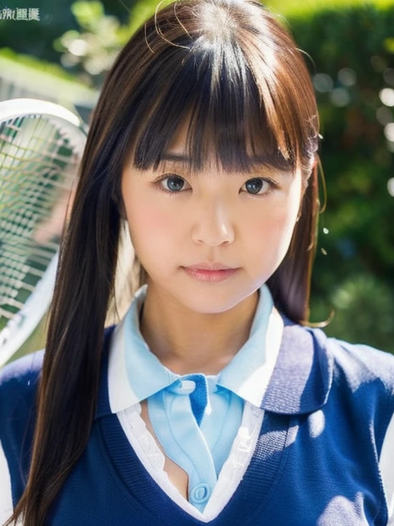 High school girl style、 full of bangs、bangs,  twin tails、Plain face、Tsubomi, Very cute Japanese girl, Age 18, cleavage, (( tennis wear、light blue polo shirt 、Line on the collar 、 white undercoat)), ((Sun visor))、on tennis court, cowboy shot、portrait、looking at viewer、motion lines, cleavage,