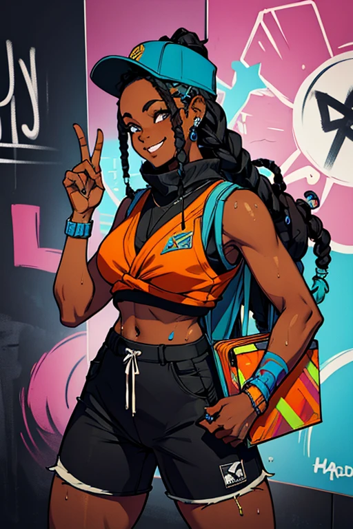 a black girl graffiti artist, dj, music, Black and blue dreadlocks, urban, Snapback tiene, vigilante, vibrant fan art, schoolbag, hip hop, sleeveless, in ear headphones, music, sexy, tight clothing smiling,  fit, hot, sweaty, blue piercing,( masterpiece) ( Best Quality)