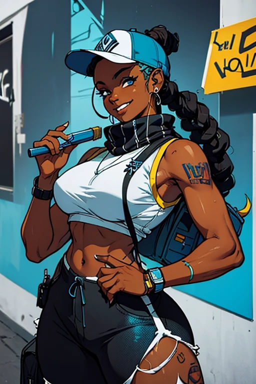 a black girl graffiti artist, dj, music, Black and blue dreadlocks, urban, Snapback tiene, vigilante, vibrant fan art, schoolbag, hip hop, sleeveless, in ear headphones, music, sexy, tight clothing smiling,  fit, hot, sweaty, blue piercing,( masterpiece) ( Best Quality)