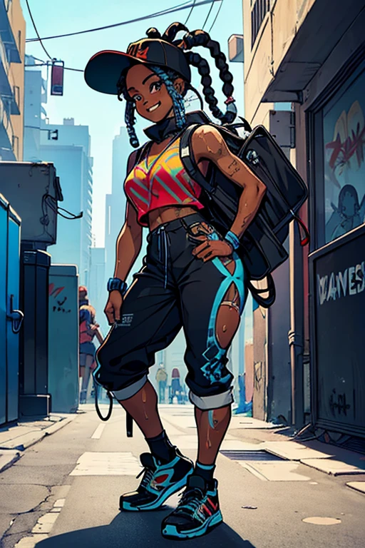 a black girl graffiti artist, dj, music, Black and blue dreadlocks, urban, Snapback tiene, vigilante, vibrant fan art, schoolbag, hip hop, sleeveless, in ear headphones, music, sexy, tight clothing smiling,  fit, hot, sweaty, blue piercing,( masterpiece) ( Best Quality)