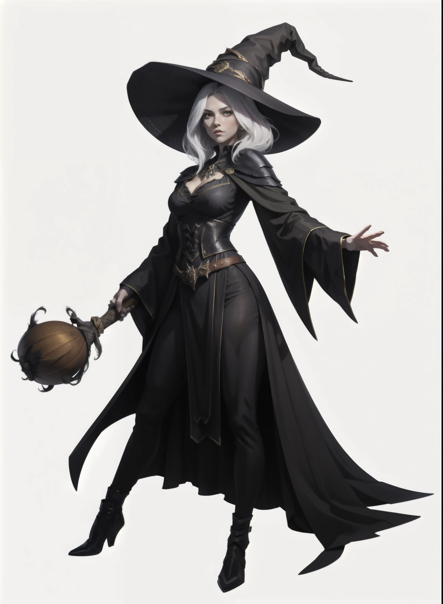  RPG character ,  I want a character with a white background, png, A witch, sexy,  black clothes,  witch hat and distracted posture ,  long white hair and slender body , very beautiful and attractive, But barely . whole body,  don't crop image, Gostooooosa , curvy.