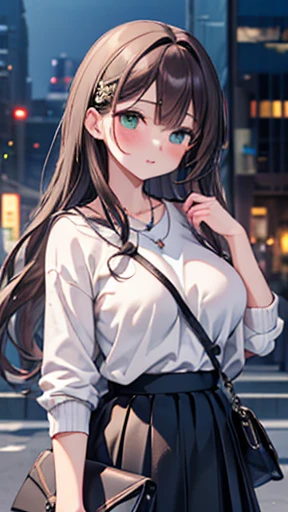 ((masterpiece, Highest quality, High resolution, 超High resolution, Pixel perfect, Depth of written boundary, 4K, RTTX 10.0, High resolution))), One girl, single, alone, Beautiful Anime Girls, Beautiful art style, Anime characters, 24-years-old, ((Long Hair, bangs, Dark brown hair, Curly Hair:1.4, hairpin)), ((Detailed face, blush:1.2)), ((Detailed eyes, Anime Eyes Style, Beautiful Eyes, Green Eyes:1.8, Glitter effect)), ((Smooth texture:0.75, Realistic texture:0.5, Anime CG style)), ((Medium chest, Cleavage)), Dynamic Angle, Big Breasts, Perfect body, ((close, throw, cute, Bullet in the face, Hold hands with your audience)), ((Casual clothing, White sweater, skirt, Her bra is visible through her sweater)), Outdoor Background, Absurd background, Bokeh:1.4, night, Stand in the crowd, night lights, Urban construction