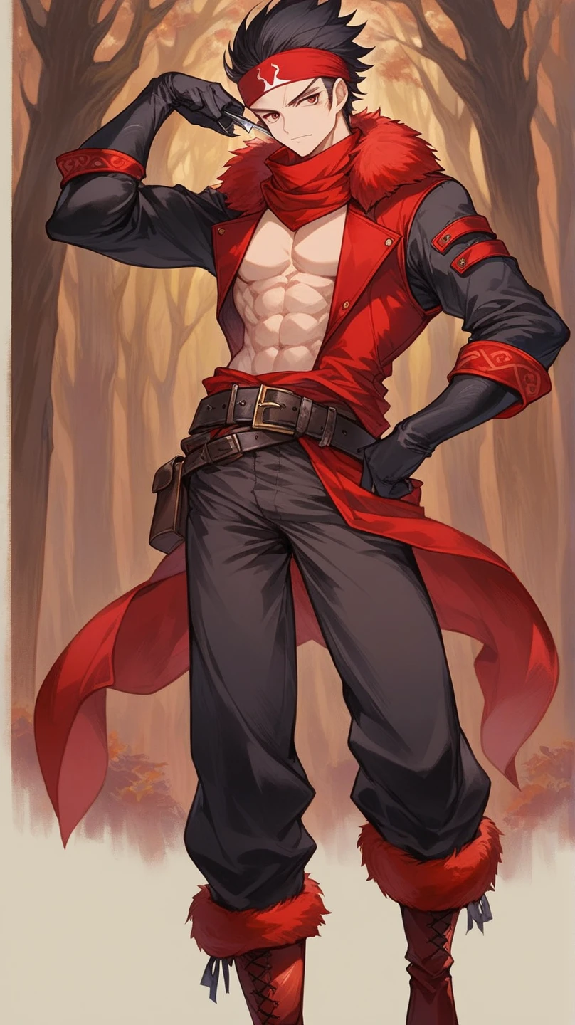 A boy .black hair.Red bandana(forehead protector).Red Long Sleeve Vest with Red Scarf .Fur Shoulder Fur Collar .Black Long Sleeve Jacket.( chest reveals 6 abs)Bare chest and abdomen. without a top . Glove Armor . Heavy Belt . Knee Length Pants (Bow ). Red Leather Boots .Holding a knife.Bandit. Robber Style .Cool Pose. Background is Forest.whole body