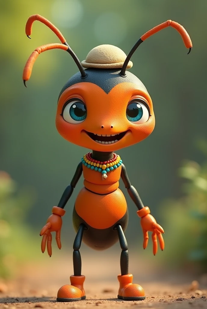  to generate an anime-like ant , with big eyes, Expressive, smiling, young,  on his legs place orange shoes ,  in his hands place fingers ,  he has to wear antennas and he must not have ears ,  to subtly notice the beauty of his skin ,  the ant has to be orange in an 80 % And the other 20 % black color,  with a necklace around its neck of yellow blue and red, a small hat on its head 