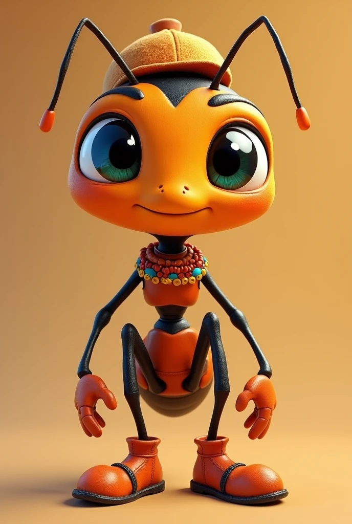  to generate an anime-like ant , with big eyes, Expressive, smiling, young,  on his legs place orange shoes ,  in his hands place fingers ,  he has to wear antennas and he must not have ears ,  to subtly notice the beauty of his skin ,  the ant has to be orange in an 80 % And the other 20 % black color,  with a necklace around its neck of yellow blue and red, a small hat on its head 