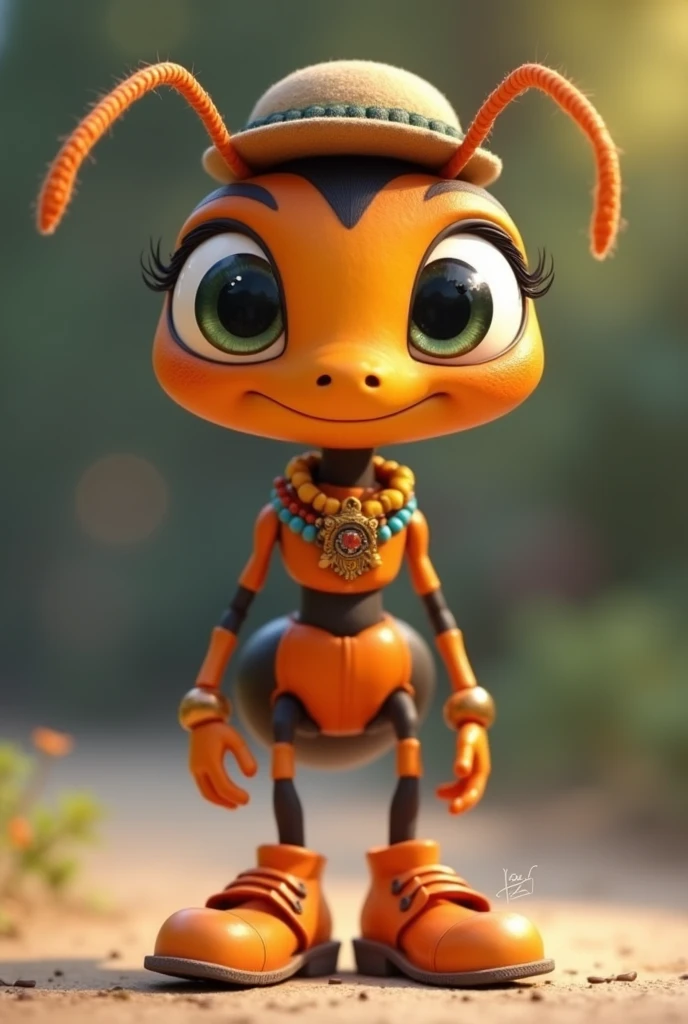  to generate an anime-like ant , with big eyes, Expressive, smiling, young,  on his legs place orange shoes ,  in his hands place fingers ,  he has to wear antennas and he must not have ears ,  to subtly notice the beauty of his skin ,  the ant has to be orange in an 80 % And the other 20 % black color,  with a necklace around its neck of yellow blue and red, a small hat on its head 