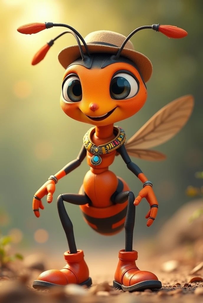  to generate an anime-like ant , with big eyes, Expressive, smiling, young,  on his legs place orange shoes ,  in his hands place fingers ,  he has to wear antennas and he must not have ears ,  to subtly notice the beauty of his skin ,  the ant has to be orange in an 80 % And the other 20 % black color,  with a necklace around its neck of yellow blue and red, a small hat on its head 