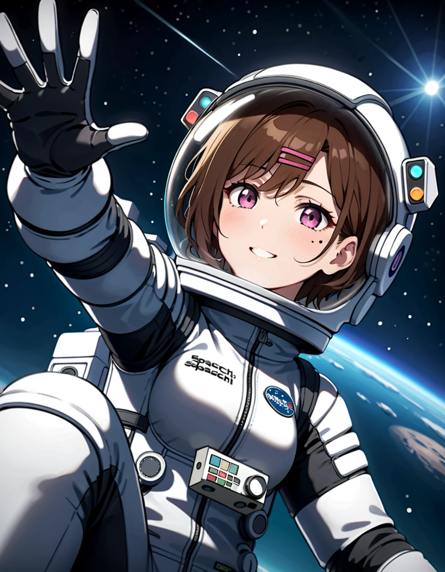 (spacesuit:1.15), white cargo pants, astronaut)bubble helmet, space helmet, gloves , , looking close at you, outer space, floating, masterpiece, best quality, 1girl, beautiful,  image from below, solo, madoka higuchi, brown hair, eyebrows hidden by hair, hairclip, mole, mole under eye, purple eyes, short hair, wavy hair, difficulty breathing, smiling, waving, fullbody