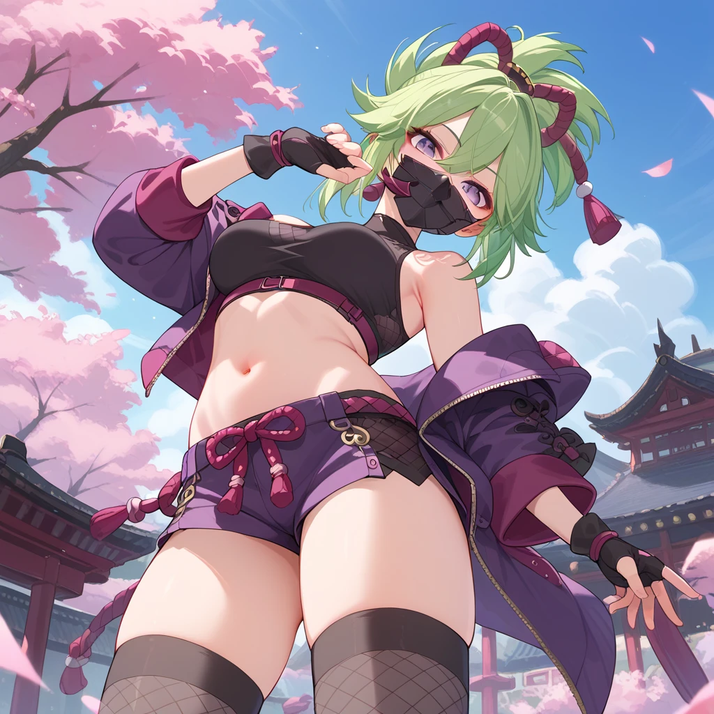 1girl,solo,kuki shinobu,mouth mask,ninja mask,green hair,ponytail,hair ornament, purple eyes, gloves,purple jacket,cropped jacket,hood,crop top, navel,body markings.short shorts, thighhighs, fishnets, dynamic pose, japanese landscape background, japanese scenery, masterpiece, best quality, ultra detailed, intricate detailed, absurdres, highly detailed skin