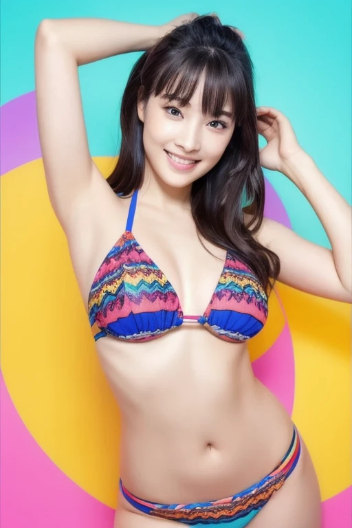 Colorful patterned bikini:2、 beautiful boobs:2、 boob emphasis:2、 Model Pose :2、whole body:2、  Japanese、  high school students、1 woman、Big Eyes、 double eyelid 、 Thick lips、 beautiful face、shame:2、 middle of chest:1.5、 Chest emphasis  :2、belly button:2、(masterpiece、Best Quality、 professional lighting 、  colorful background :2、   anatomically accurate ,  Ultra-fine,   very detailed ,    textured skin  , ):2、 Looking , smile, 