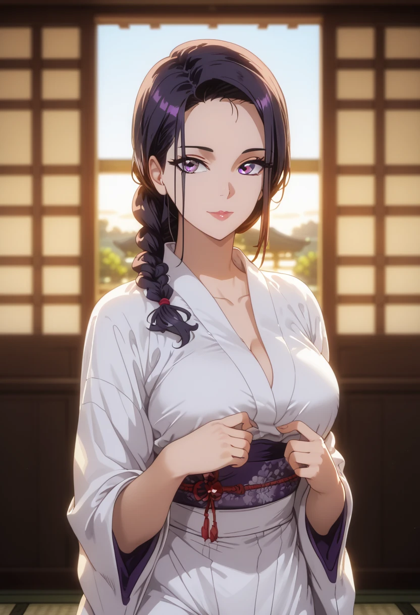 (  knight :1.7), Japan, Tokyo, , in Front of the window,
 stare at viewers, ( attractive expression:1.2),  happy , 
(white_Kimono:1.3), Clevis,
black_hair, length_hair, hair_Pulled_return,Breaking up_lips, purple _eye,  braided ,
 1 girl, 24 years old, mature woman ,beautiful Finger,beautiful length legs,beautiful body,beautiful Nose,beautiful character design, perfect eye, perfect face, Perfect means,   perfect hand , Perfect chest,  perfect body,
 stare at viewers,  It's in the center of the image ,
nsfw, OFFICIAL ART, highly detailed body, exteremly detailed face, extremely detailed hair, extremely detailed eye,  wallpaper,  full light,colorful,  bright _Front_face_Lighting,
(masterpiece:1.0),(Highest_quaLightingy:1.0), 超 Hi-Res,4K,Super detailed,
  photos volume off , 8k,  Hi-Res,  Hi-Res,  Disorganized :1.2,  Kodak Portrait 400, film grain, blurry returnground, bokeh:1.2,  lens flare , ( lively_color:1.2)
(beautiful,big_Chest:1.4), (beautiful_face:1.5),(narrow_ waist),