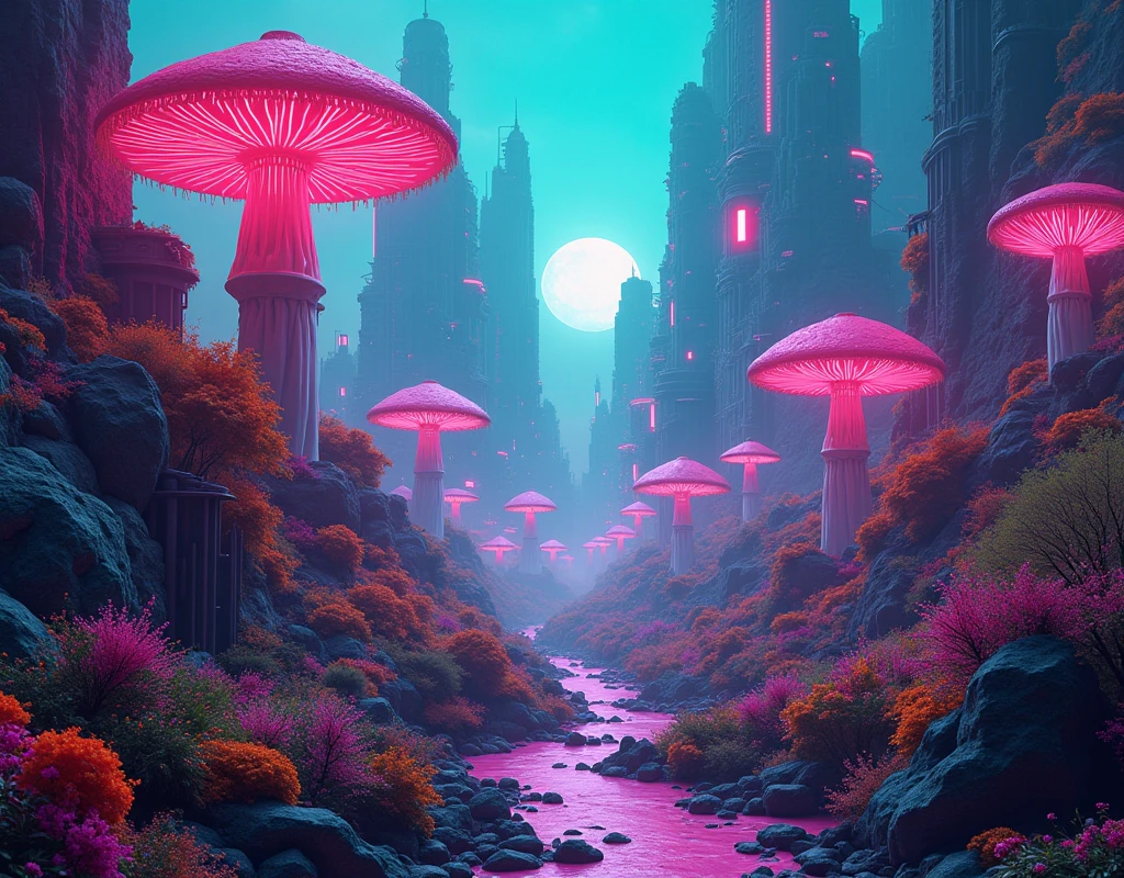 a close up of a futuristic city with a neon light, dan mumford and alex grey style, alien city, cyber mushroom city, extraterrestrial paradise, surreal alien kingdom, alien landscape, an alien city, an alien cityscape, alien cityscape, lush alien landscape, an alien landscape, painting by dan mumford, colorful dystopian futurism,UHD ,