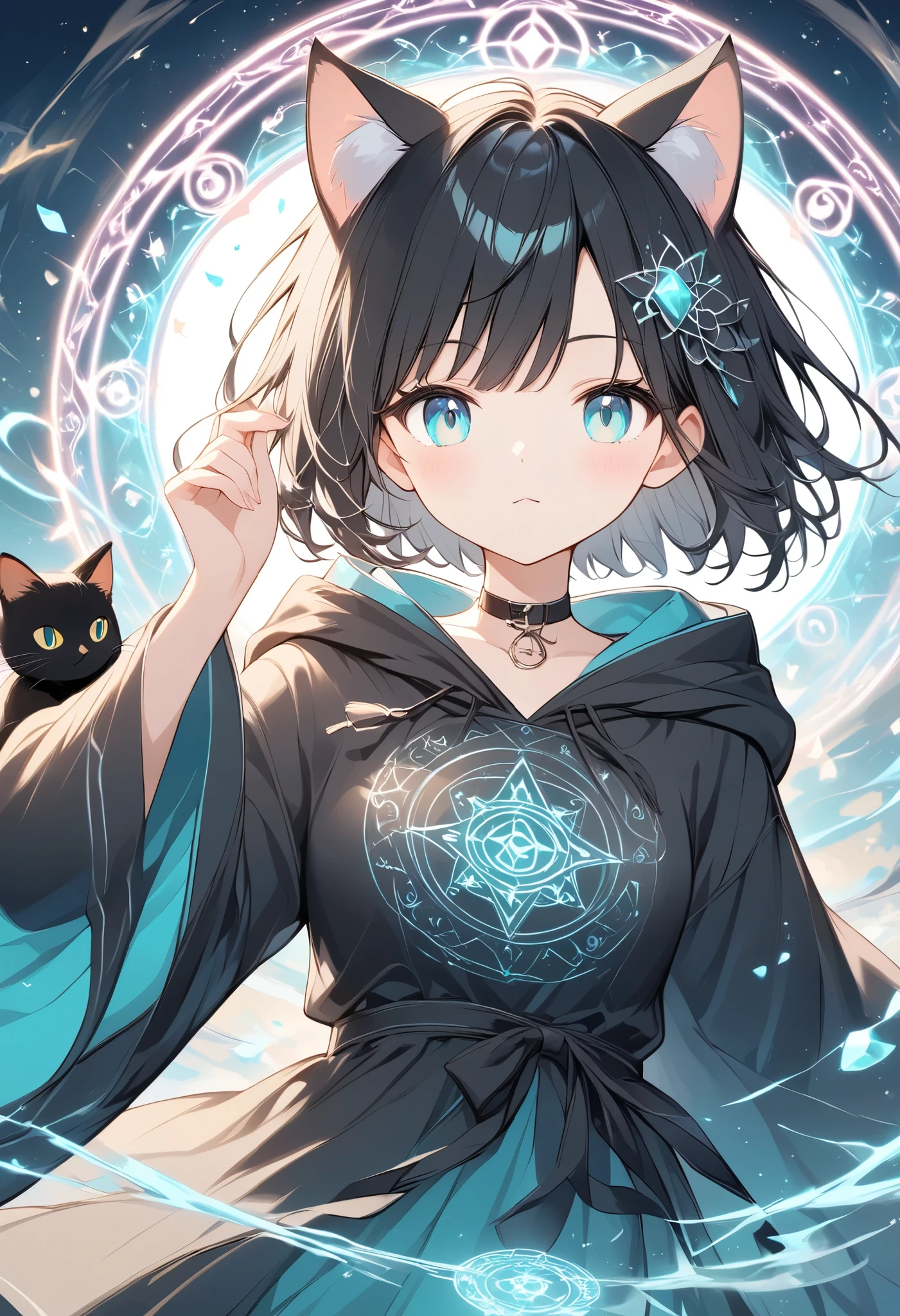  
 thin and soft painting style、Black cat girl 、Black Hair、Cat ears、 short hair、Aquamarine Eyes、black hooded robe 、Large magic circle in the background