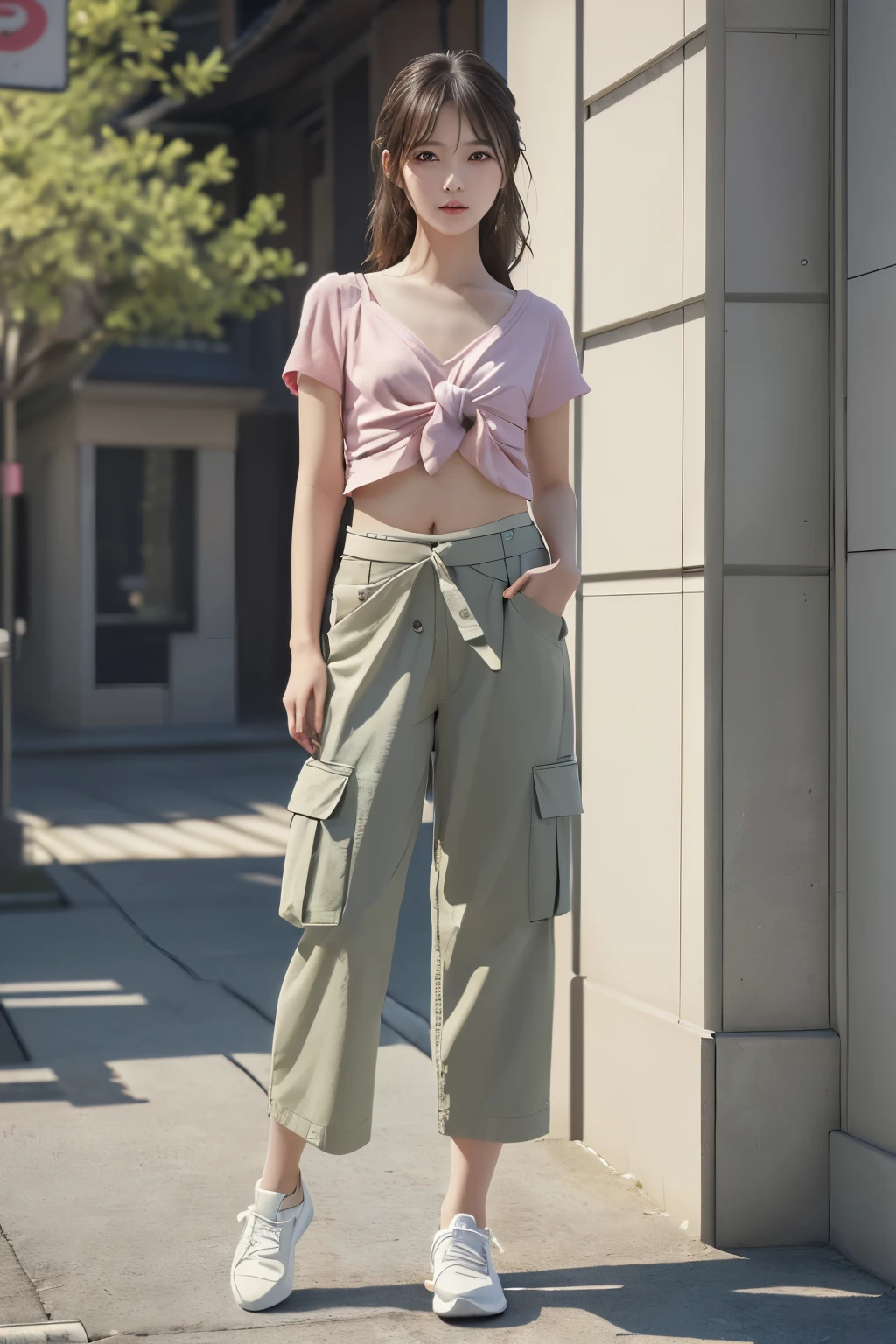 Low length、 ((Summer clothes、Harem pants)),  Brown Skin、thin, Medium Hair、ponytail、Wearing a scrunchie、Light brown hair,Messy bangs、Cheeky look、Brown Skin、Raise the corners of the eyes、勝ち誇ったthin眉毛、Young Face、((Full body photo:1.5))、Feel free to pose、Coastal cities,((Very detailed)), Perfectly detailed face, Fine hand, Photorealistic images