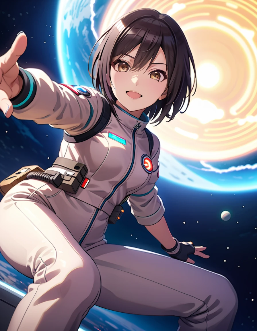 (spacesuit:1.15), white cargo pants, astronaut)bubble helmet, space helmet, gloves , , looking close at you, outer space, floating, masterpiece, best quality, 1girl, beautiful,  image from below, solo, , shirase sakuya, srssky, black hair, straight hair, bangs, yellow eyes, large breasts, happy, difficulty breathing, waving, fullbody