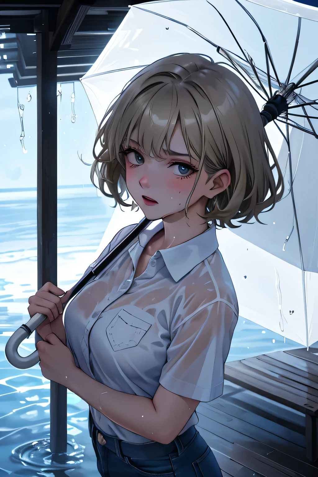 Masterpiece, Best Quality, Coloured image,Hi-Res, source_anime, (good_hands:0.9) , 1girl, black eyes, focused eyes, silver light brown coloured hair, short curly hair, umbrella, wet transparent shirt, medium breast, curvy body, blue jeans, looking at viewer, from above.stand, High Contrast Glossy Oily Skin, street, shy ,scared, outdoor, raining, dramatic water drop,dramatic shadows, cinematic lighting, (light particles:0.8)