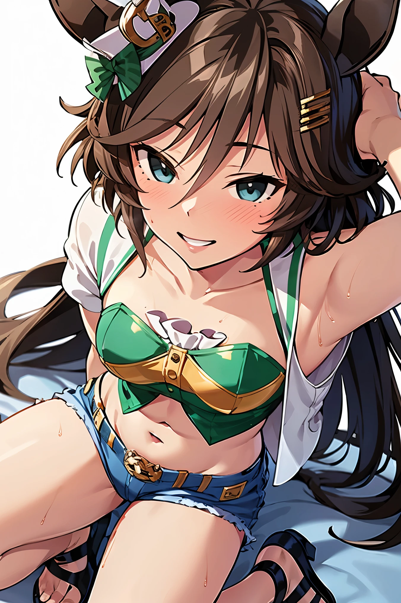 NSFW,masterpiece,Best Quality, Hi-Res, very detailed,mr. c.b. \(Uma Musume\),blush, off-shoulder , Crop Top , shorts,Heeled Sandals