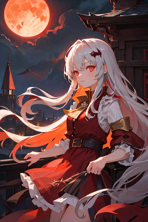 
Solo, 1girl, Long Hair, Crimson red eyes, silver hair, half-Vampire, looking at viewer, outdoor, castle, on castle roof top, orange roof top, night, full moon, crimson dress 