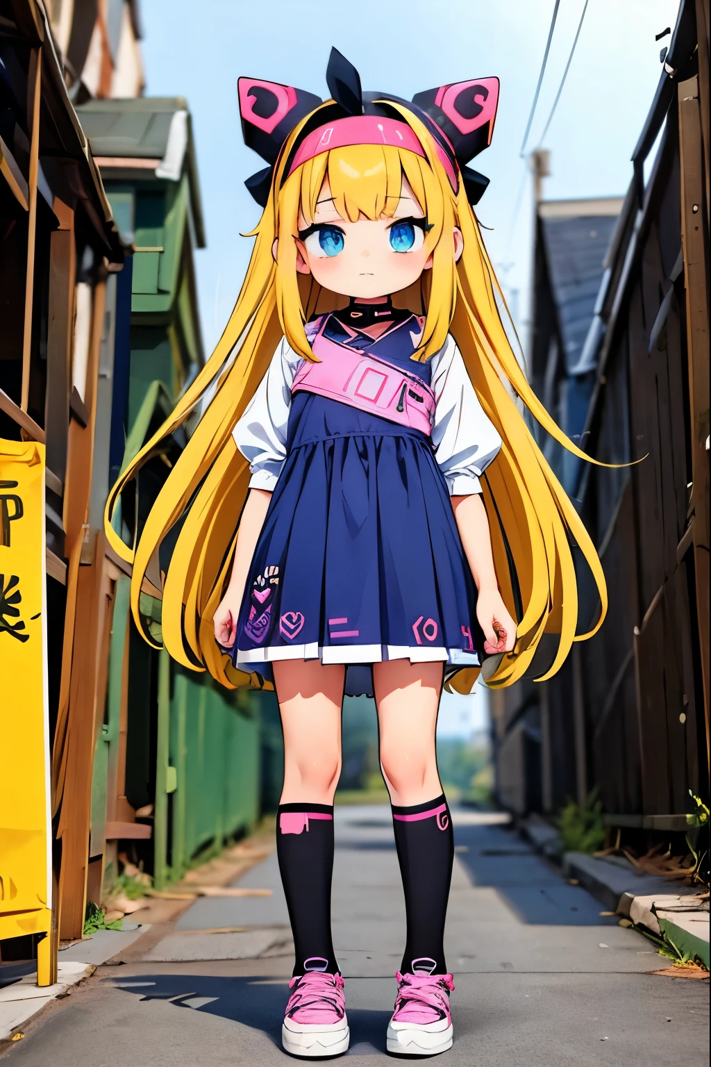 Anime girl in a dress and headband standing in front of a building, digital Cyberpunk anime art,  Digital Cyberpunk - Anime Art , Anime Cyberpunk Art, A very young and cute girl from the cyberpunk anime， short stature ， toddler figure ， flat chest，Chibi，Cyberpunk anime girl mech, Anime Style 4k,  Best Anime 4K Kona-chan Wallpaper ,  cyber school girl , Cyberpunk anime art,  Portrait Anime Space Cadet Girl ,  future anime girl , Dreamy Cyberpunk Girl， with a playful gesture ，