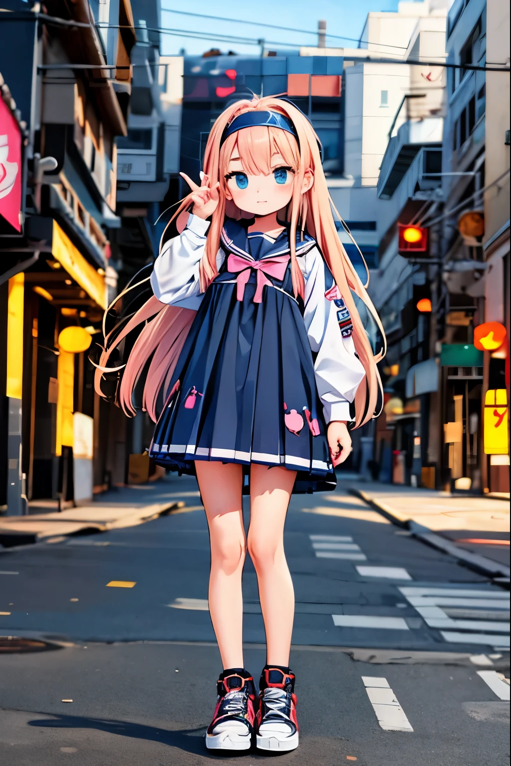 Anime girl in a dress and headband standing in front of a building, digital Cyberpunk anime art,  Digital Cyberpunk - Anime Art , Anime Cyberpunk Art, A very young and cute girl from the cyberpunk anime， short stature ， toddler figure ， flat chest，Chibi，Cyberpunk anime girl mech, Anime Style 4k,  Best Anime 4K Kona-chan Wallpaper ,  cyber school girl , Cyberpunk anime art,  Portrait Anime Space Cadet Girl ,  future anime girl , Dreamy Cyberpunk Girl， with a playful gesture ，