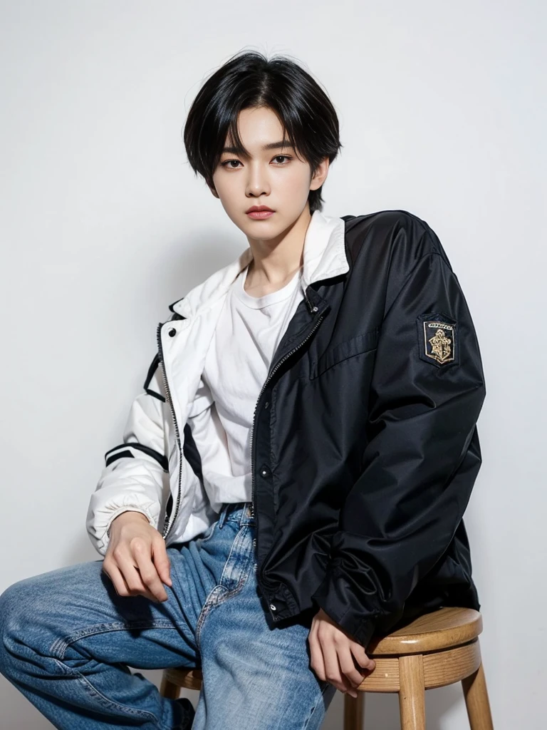 a close up of a person sitting on a stool with a jacket on, beautiful androgynous prince, delicate androgynous prince, by Tadashi Nakayama, cai xukun, tsurumaki kazuya, yuya nagai, kousuke oono, jung jaehyun, beautiful young prince, style of kentaro miura!!!!, Min yoongi, yoongi BTS, siga BTS, no jacket on, standing in front of camera 