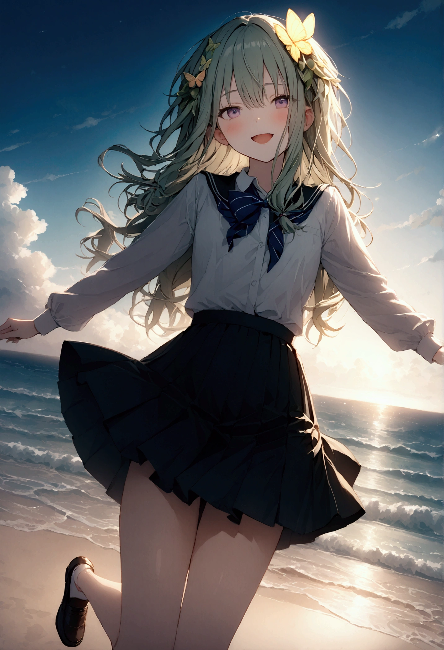 High image quality 、masterpiece、 High Quality  、Full HD、4K 、Depict only one girl、Kusanagi Nin々、Green long hair 、Yellow butterfly hair ornament、 purple eyes、slim、 high school uniform 、 smile、Blushing cheeks、 Raise your arms、Red  on cheeks、 flat chest、Stretch your legs and show me 、 wearing black loafers、 skirt swings 、An empty beach、Dancing alone、 open your mouth、Singing、blue sky、Blue Sea