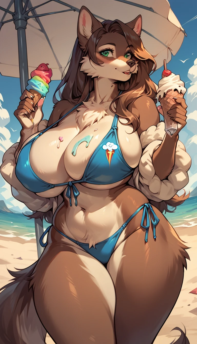 One, score_9,score_8_up,score_7_up,(fluffy anthropomorphic fur :1.3), Anthro wolf,  brown wool ,  brown long hair , female,  huge breasts ,  wide hips , thick thighs,  green eyes , on the beach,  outdoor ,  sunny day, rainbow facial expressions, holding ice cream in hand, in a blue mini bikini