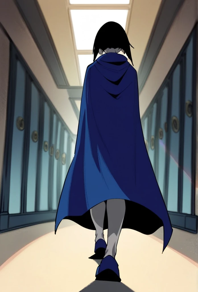 1girl, solo, raven (dc), blue cape covering whole body, long blue cape, cape reaches the ground, walking, room, halfway, hood covered head, from behind, form below, High Resolution, Best Quality, Masterpiece, 