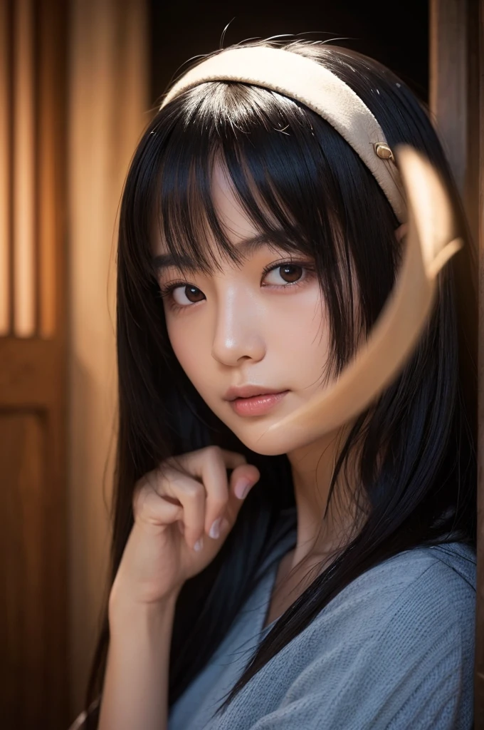 A realistic young Japanese woman with long black hair, partially hiding ...