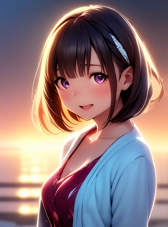   Hi-Res ,In 8K, best quality, Details,Semi-realistic anime, D-anime style, smooth animated CG, one girl , 19-year-old Japanese woman, very cute ,slim,modeling,((Sparkling Eyes)),(( very short hair)),(( short bob)),(Maroon Glowing Hair ), pink lips, Shiny brown hair,(( light colored cardigan )),(( medium pleated skirt )), Detailsな顔,Beautiful and  Details,,((深い青紫色のSparkling Eyes)),(Open your mouth),(Laughter),(( beautiful silhouette )),(( super multiple exposure effect where the background can be seen through clothes))、((No bangs))、((hair intakes)),(forehead),(In the waves of the morning sun shining light ),((Transparency)),