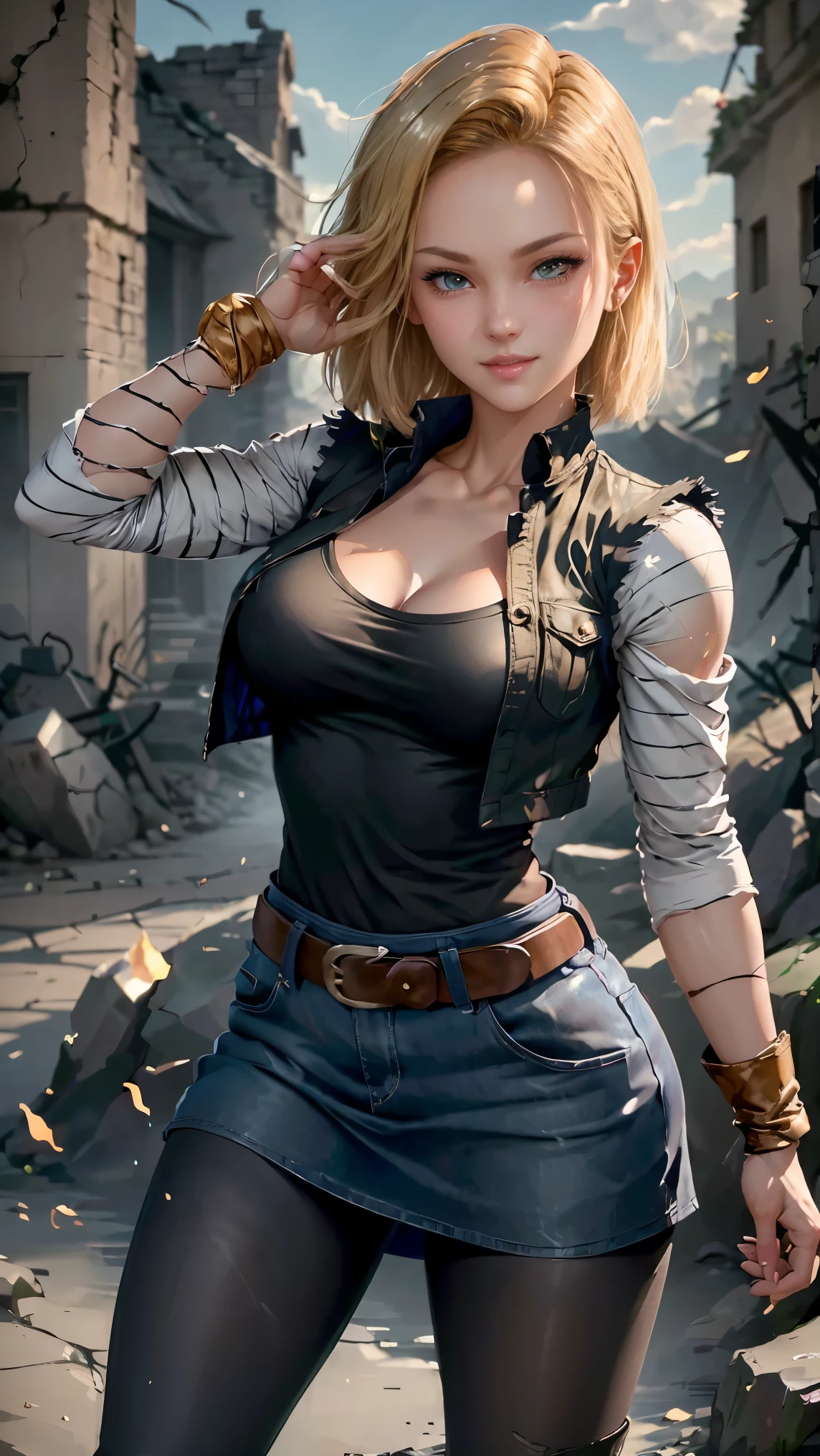 Android 18 da Dragon Ball Z,(best qualityer,4K,8k,high resolution,work of art:1.2)(weather: windy),battle ruins background, white shirt, black vest, blue jeans, jeans, black gloves, pearl necklace,short hair,ultra detailed,realisitic,portraite,beautiful detailed blue eyes,beautiful detailed lips,extremely detailed eye and face, long eyelashes,sexly,average,large breasts,beaming smile,powerful girl in a battle,combat pose,torn clothes,stunning curves,bright coloured,dramatic lighting,