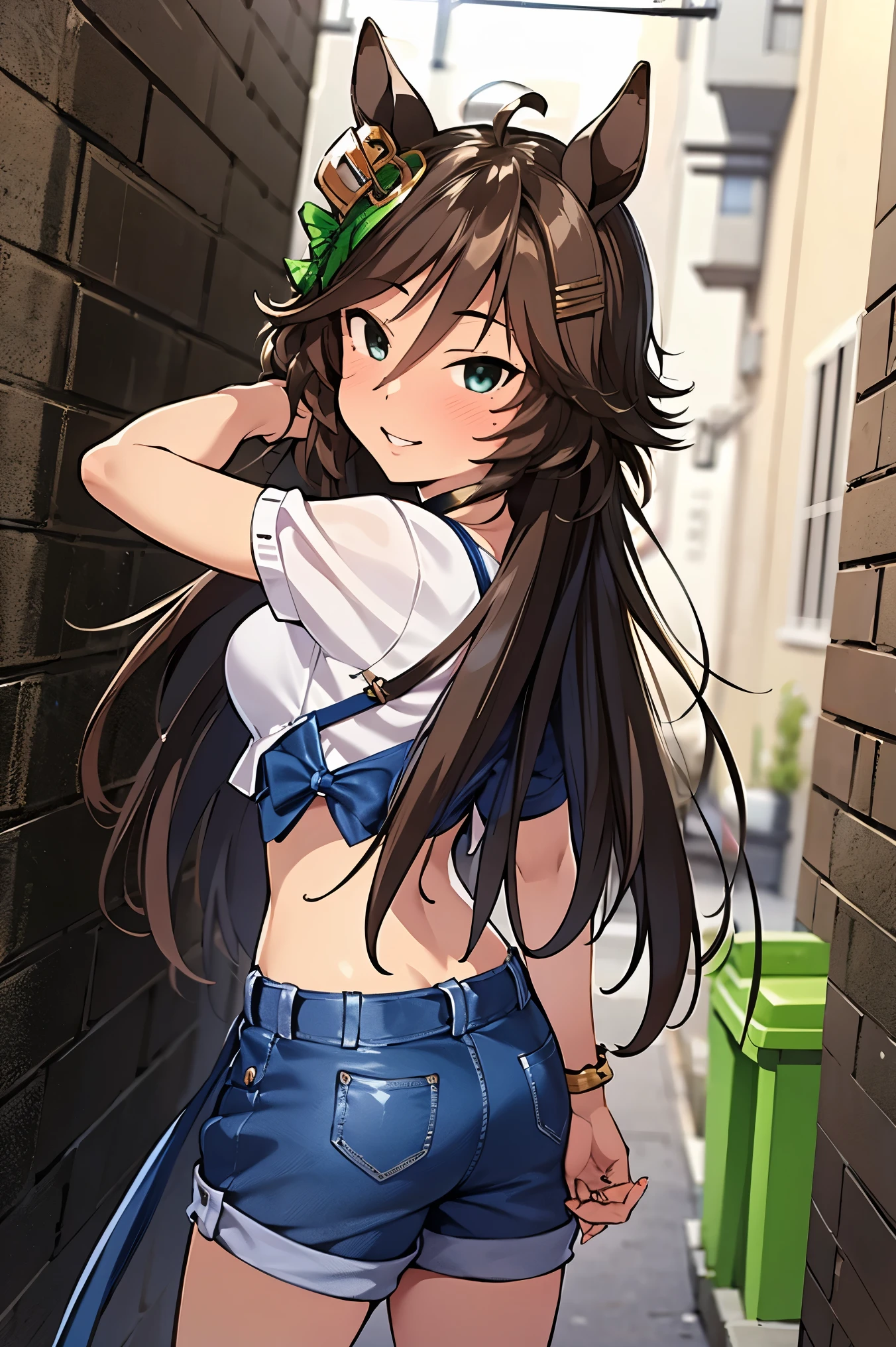 NSFW,masterpiece,Best Quality, Hi-Res, very detailed,mr. c.b. \(Uma Musume\),blush, off-shoulder , Crop Top , shorts,Heeled Sandals,Nightlife,Back Alley