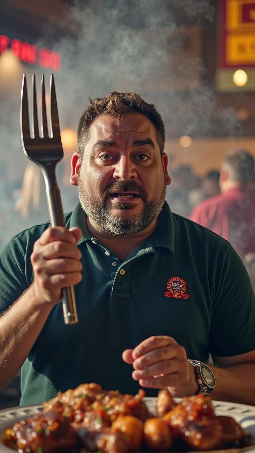 A hyper-realistic, cinematic scene of a man holding a giant fork the same size as him, surrounded by barbecue elements like sizzling meats, sauces, and grilling utensils. The scene is detailed with realistic lighting, shadows, and textures. Focus on the intense expression of the man, as he stands in a smoky barbecue atmosphere with vibrant colors and intricate details.