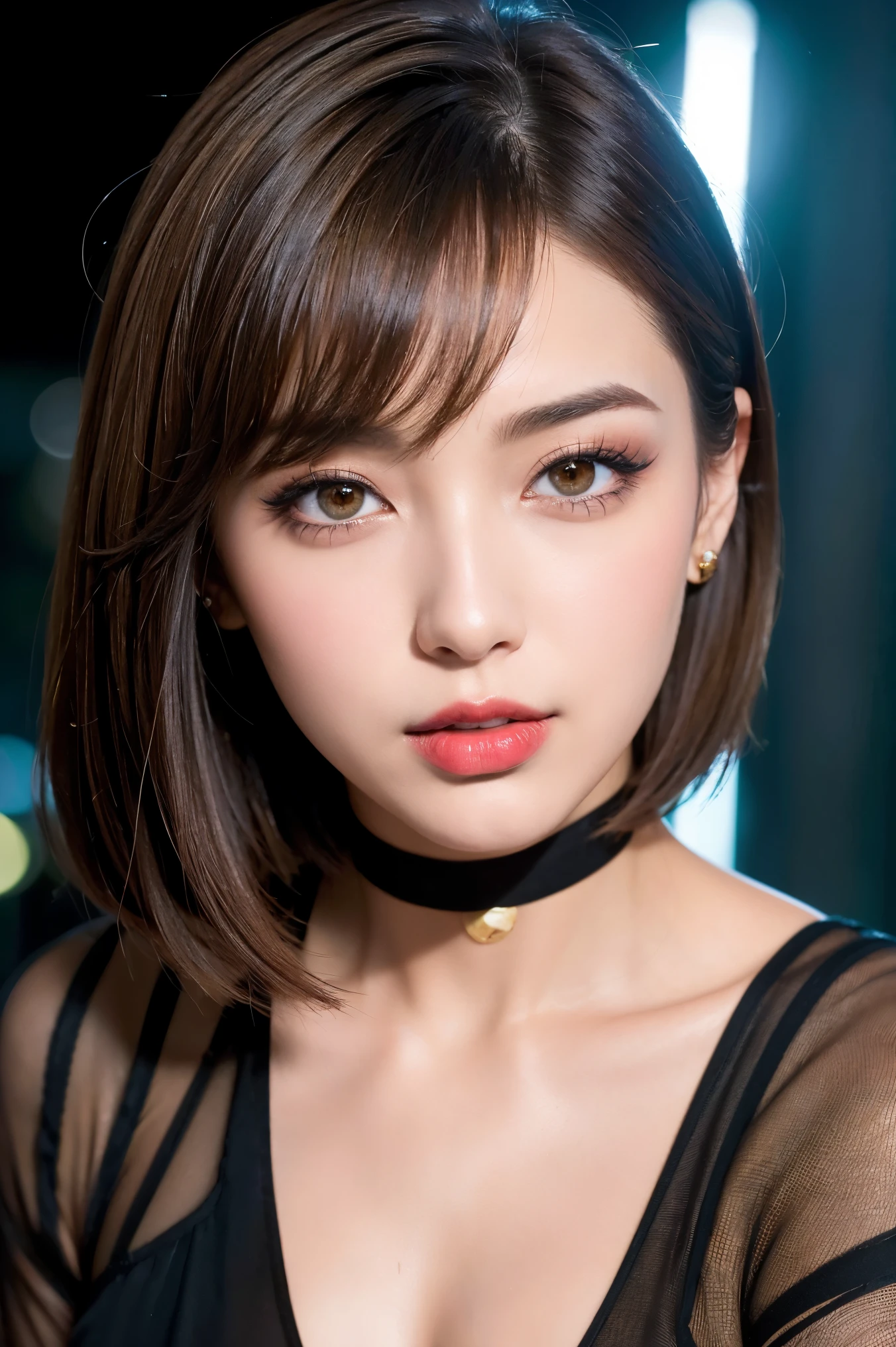 A highly detailed and high-resolution. She has a small, delicate face with a slightly cat-like appearance. Her eyes are large, black, and slightly upturned, giving a mysterious and captivating look. She has a small, well-defined nose and a small, elegant mouth. Her skin is smooth and fair, with a subtle glow. Her makeup emphasizes her eyes, with bold eyeliner and a touch of mascara to enhance her natural beauty. Her lips are painted with a soft, natural pink color. Her hair is styled in a sleek, shoulder-length bob, with a slight wave. She is wearing a fashionable outfit that complements her sophisticated and chic style. The background is simple and neutral to keep the focus on her face.
