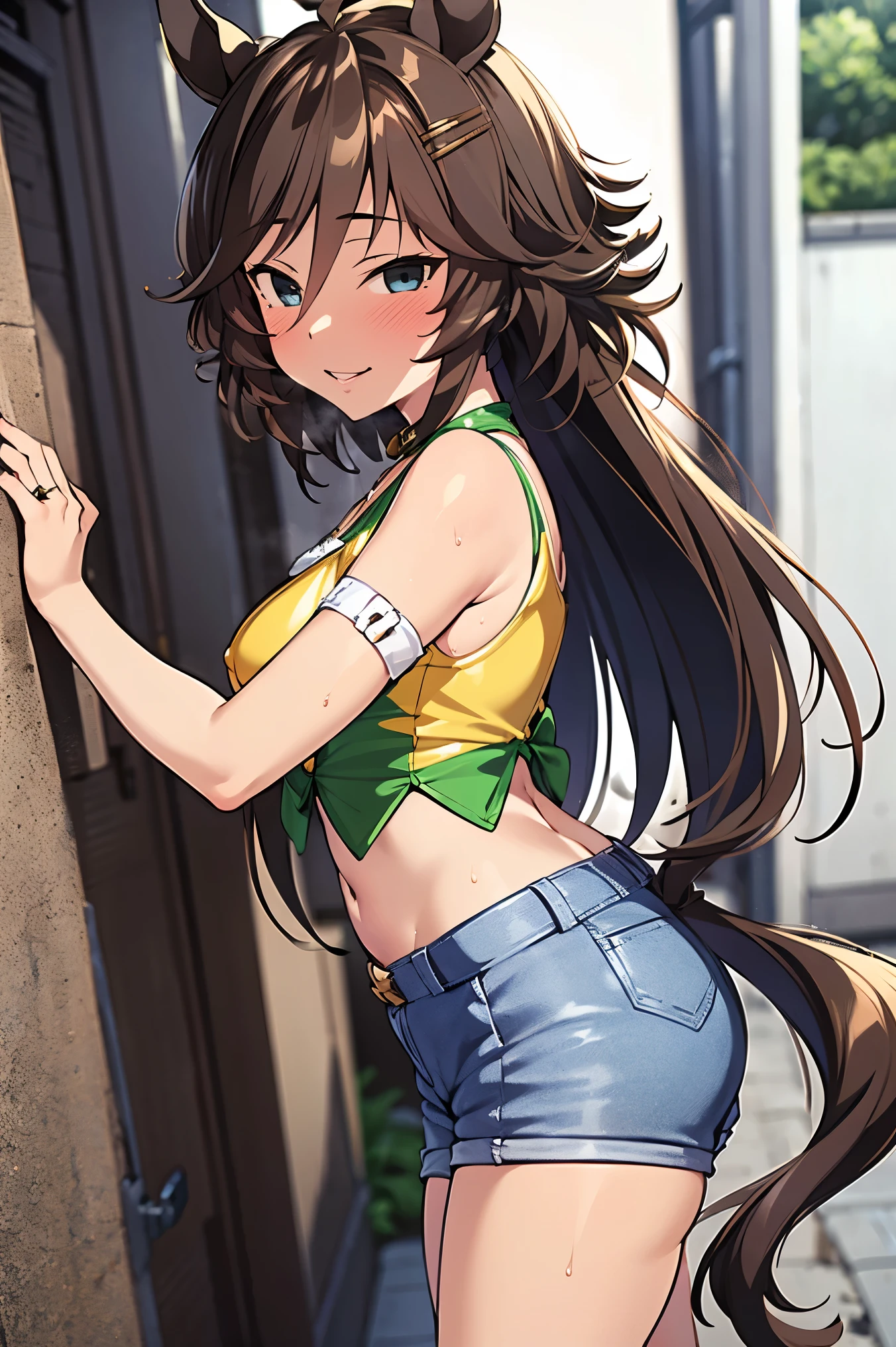 NSFW,masterpiece,Best Quality, Hi-Res, very detailed,mr. c.b. \(Uma Musume\),blush, off-shoulder , Crop Top , shorts,Heeled Sandals,Nightlife,Back Alley,Seduce