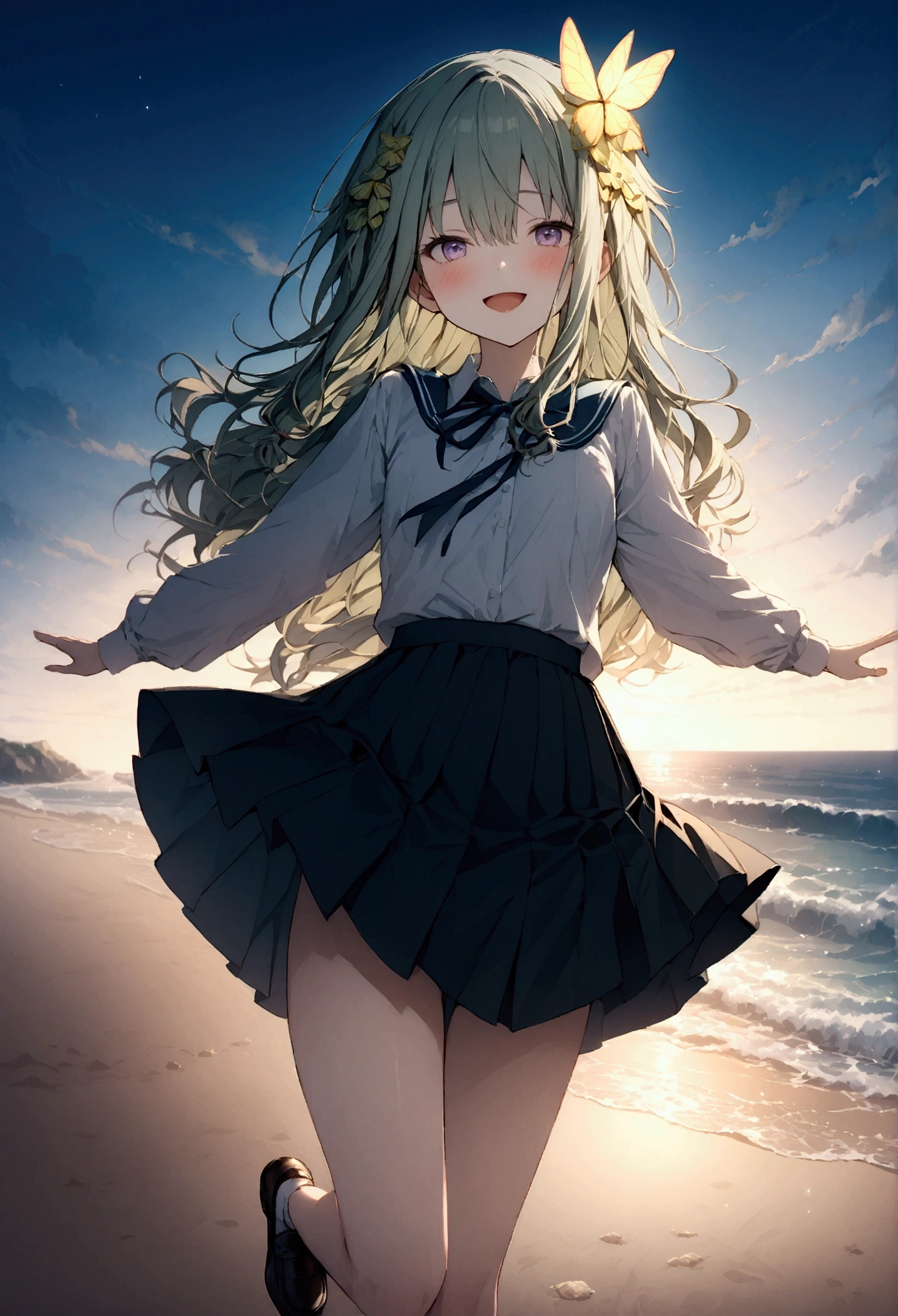 High image quality 、masterpiece、 High Quality  、Full HD、4K 、Depict only one girl、Kusanagi Nin々、Green long hair 、Yellow butterfly hair ornament、 purple eyes、slim、 high school uniform 、 smile、Blushing cheeks、 Raise your arms、Red  on cheeks、 flat chest、Stretch your legs and show me 、 wearing black loafers、 skirt swings 、An empty beach、Dancing alone、 open your mouth、Singing、blue sky、Blue Sea