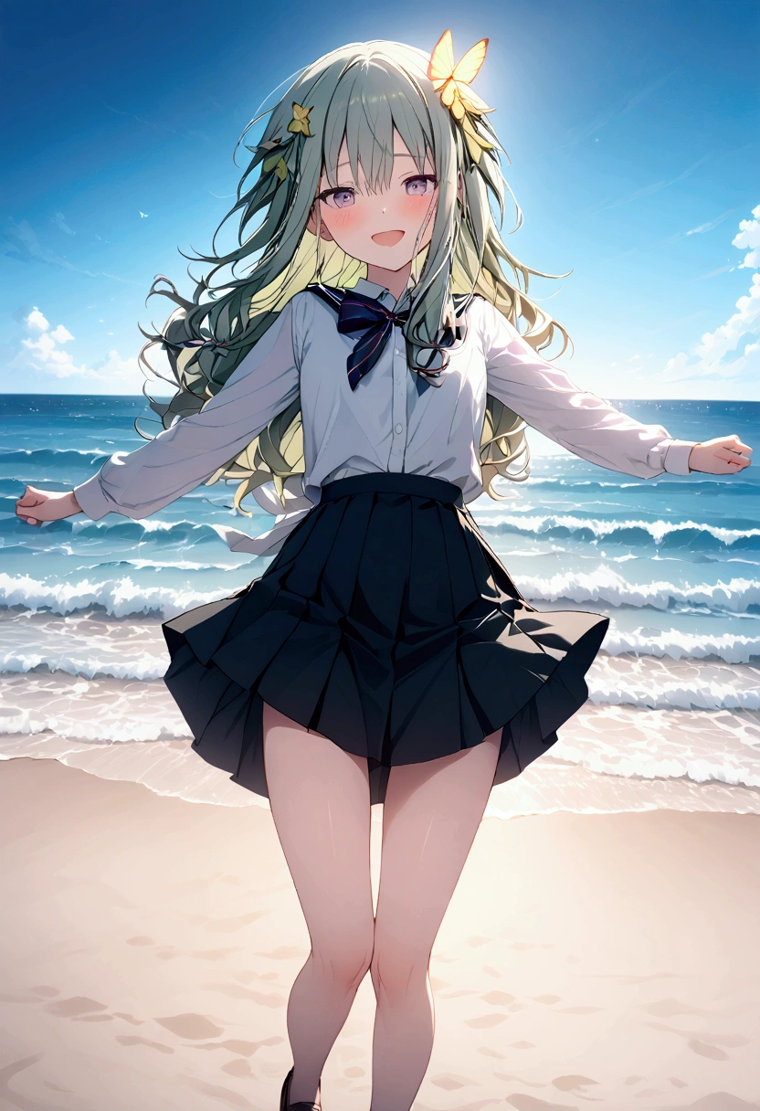 High image quality 、masterpiece、 High Quality  、Full HD、4K 、Depict only one girl、Kusanagi Nin々、Green long hair 、Yellow butterfly hair ornament、 purple eyes、slim、 high school uniform 、 smile、Blushing cheeks、 Raise your arms、Red  on cheeks、 flat chest、Stretch your legs and show me 、 wearing black loafers、 skirt swings 、An empty beach、Dancing alone、 open your mouth、Singing、blue sky、Blue Sea