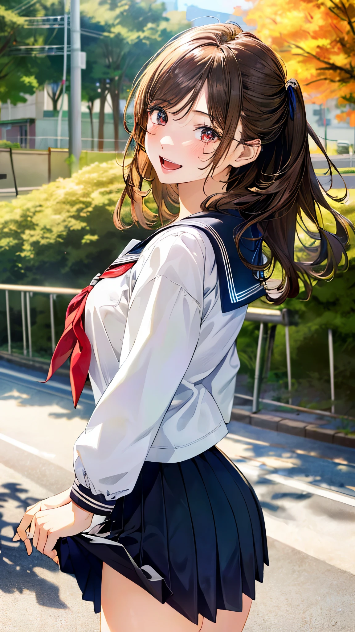 (masterpiece:1.3, top-quality, ultra high res, ultra detailed), (realistic, photorealistic:1.4), beautiful illustration, perfect lighting, natural lighting, depth of fields, 2024s,
beautiful detailed hair, beautiful detailed face, beautiful detailed eyes, beautiful clavicle, beautiful body, beautiful chest, beautiful thigh, beautiful legs, beautiful fingers, shiny skin,
looking at viewer, from behind, 1 girl, high school girl, (perfect anatomy, anatomically correct, super detailed skin), cute and symmetrical face, perfect face, perfect eyes, tiny, face,
(middle hair, (two side up), red-brown hair), swept bangs, gold eyes, drooping eyes, big eyes, long eyelashes, (middle breasts, wide hips, narrow waist, seductive thighs), slender, outstanding style,
(detailed cloth texture, long sleeve, higher black_school uniform, serafuku), ,
(beautiful scenery), autumn, morning, (school ground:1.2), walking, (pose with movement), (lovely smile, upper eyes, open mouth small),