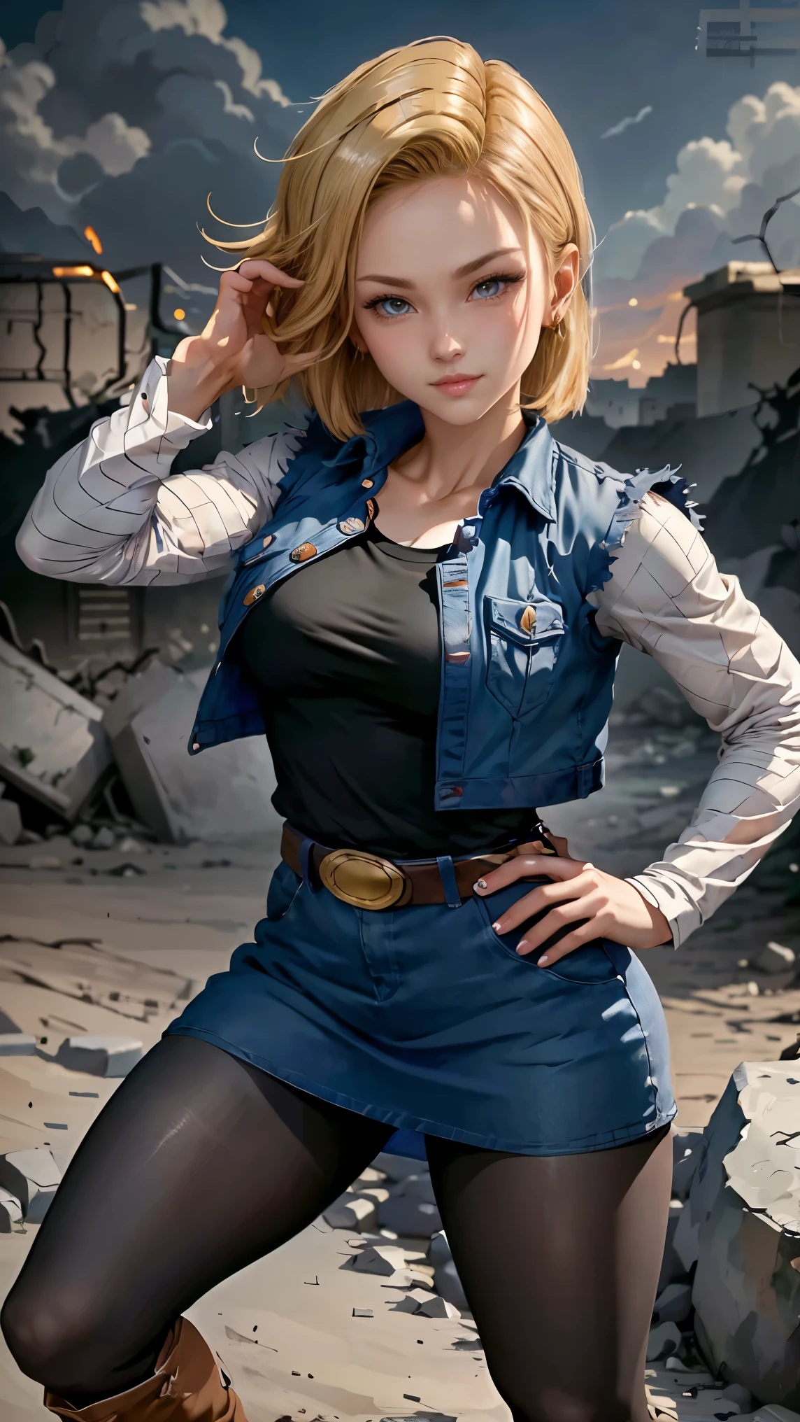 Android 18 da Dragon Ball Z,(best qualityer,4K,8k,high resolution,work of art:1.2)(weather: windy),battle ruins background, black shirt, striped sleeves, earrings, denim vest, denim skirt, pantyhose, brown boots, belt,short hair,ultra detailed,realisitic,portraite,beautiful detailed blue eyes, glowing eyes,blush,beautiful detailed lips,extremely detailed eye and face, long eyelashes,sexly,average, medium breasts,beaming smile, sexy smile,powerful girl in a battle, combat pose,stunning curves,bright coloured,dramatic lighting,