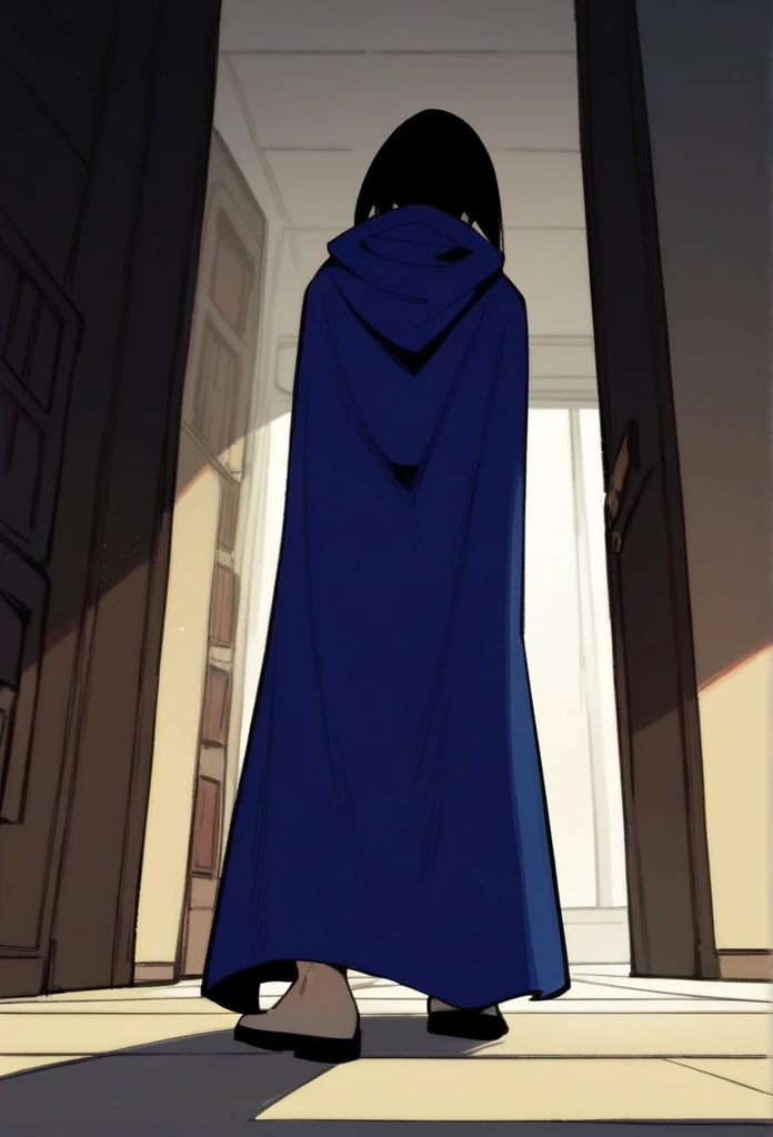 1girl, solo, raven (dc), blue cape covering whole body, long blue cape, cape reaches the ground, cape walking, room, halfway, hood covered head, ground, from behind, form below, High Resolution, Best Quality, Masterpiece, 