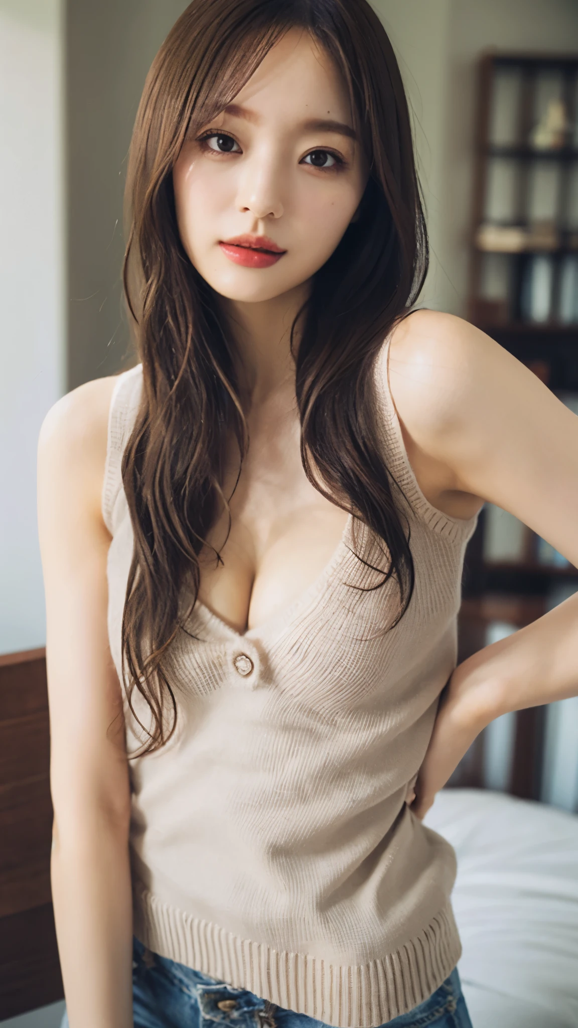 (small breasts:1.1), (cleavage impossible sweater:1.05), see through, sleeveless, highest quality, masterpiece, photorealistic