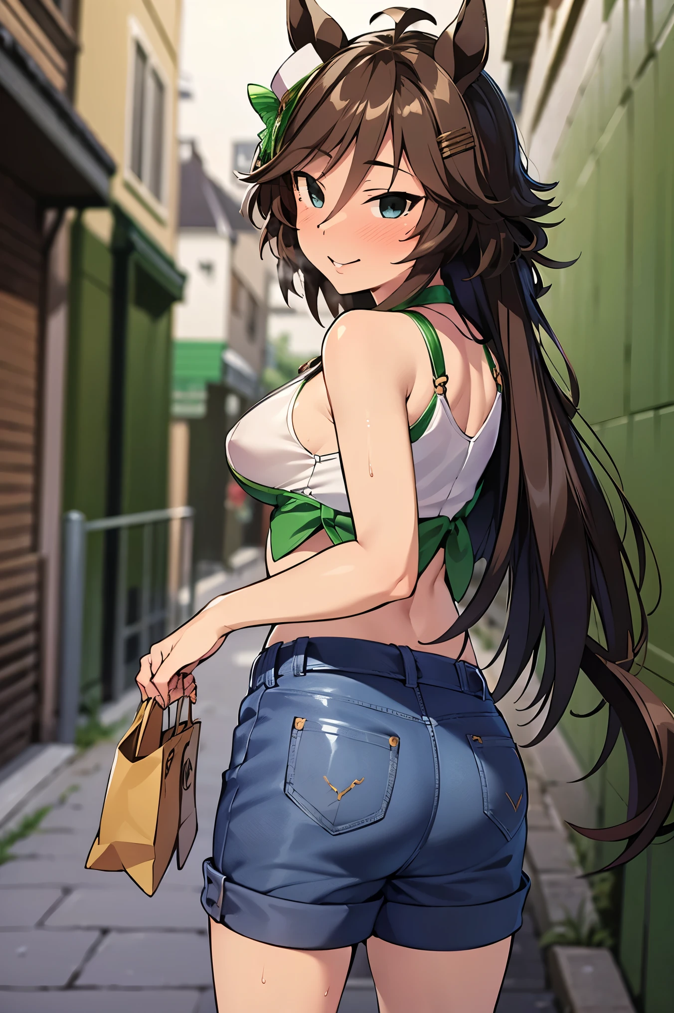 NSFW,masterpiece,Best Quality, Hi-Res, very detailed,mr. c.b. \(Uma Musume\),blush, off-shoulder , Crop Top , shorts,Heeled Sandals,Nightlife,Back Alley,Seduce,Butt
