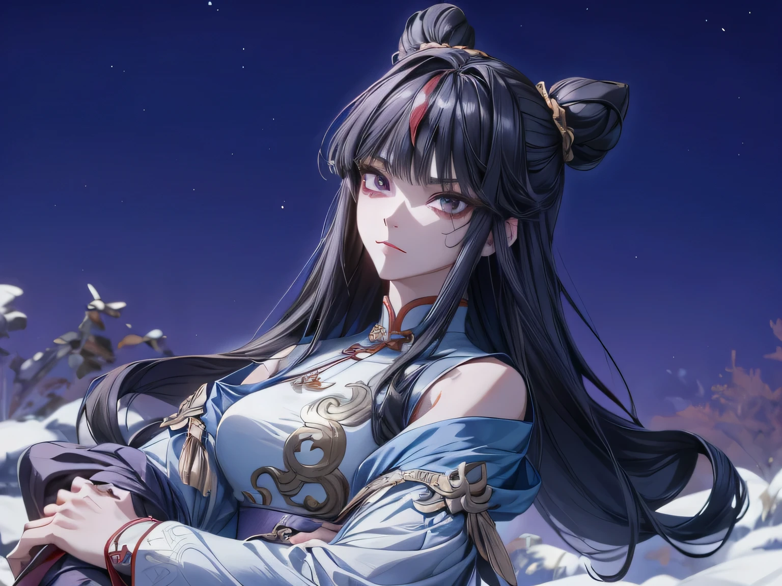 Masterpiece , best quality, 1 Xiao Wu , Face Color Looks Cool , Strong, Golden Left Eye , Red Right Eye , Long hair, Black hair, Firm Eyes , foxy eyes , Front Photo , simple background, purple Background , Anime, illustration, Full body , bun hair , sit on garden , full detail , sword,  dark purple qibao