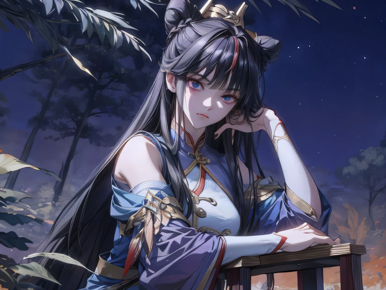 Masterpiece , best quality, 1 Xiao Wu , Face Color Looks Cool , Strong, Golden Left Eye , Red Right Eye , Long hair, Black hair, Firm Eyes , foxy eyes , Front Photo , simple background, purple Background , Anime, illustration, Full body , bun hair , sit on garden throne, full detail , sword,  dark purple qibao