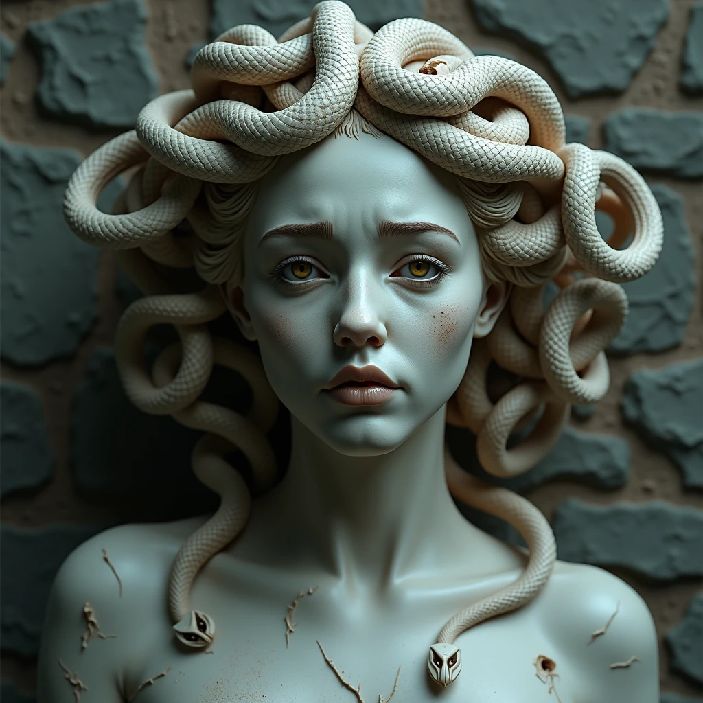 (extremely high-resolution), (qualidade de obra-prima), escultura escura e detalhada, (Medusa: 1.3, Gorgona: 1.2), cobras, olhos verdes, dentes afiados, escamas, (sombra e luz), THREATENING, sinistra, belissima, sensual, dinamic angle, de perfil, de lado