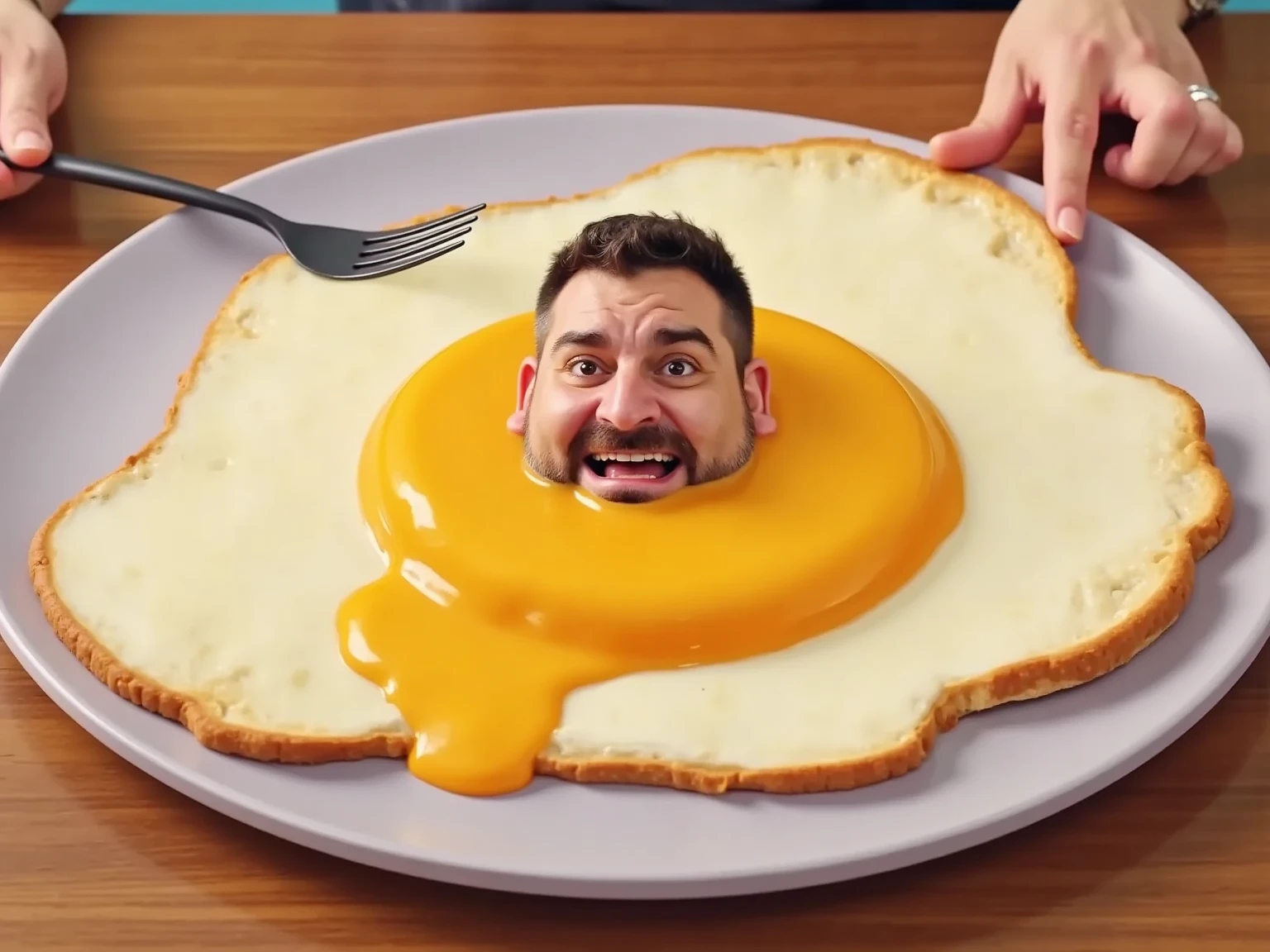 A hyper-realistic, cinematic cartoon-style scene of a giant fried egg on a giant plate. In the middle of the egg yolk, a man is joyfully bathing in the yolk, savoring the flavor with yolk dripping down his head and face. The scene is playful and humorous, capturing intricate textures of the egg white and yolk, with vibrant lighting and exaggerated expressions.